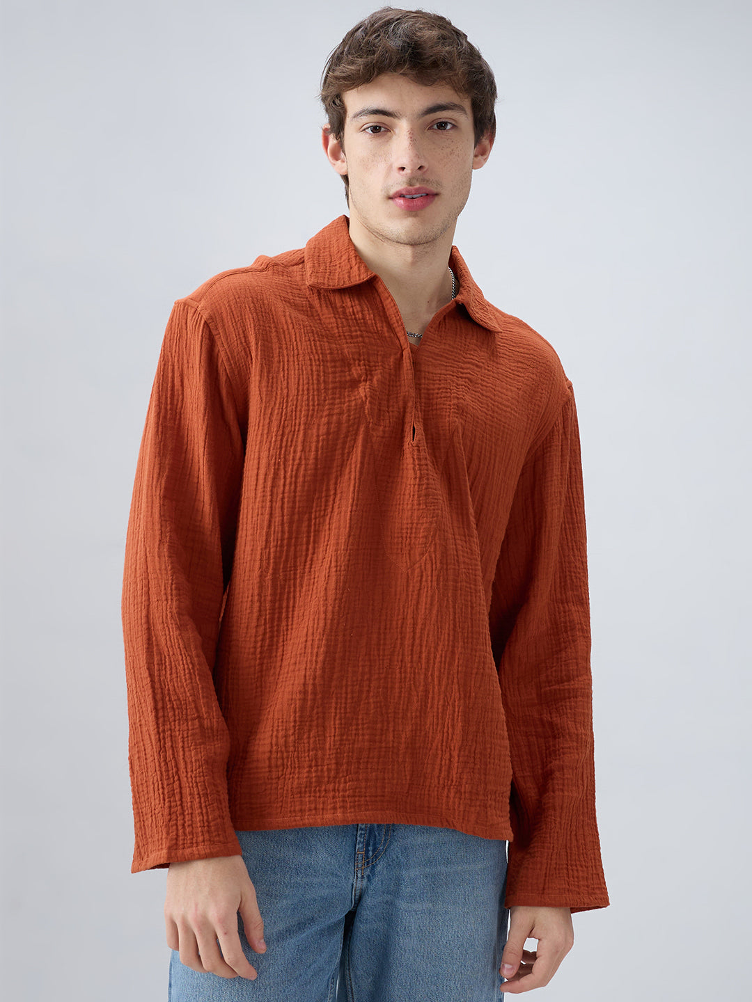 Rust Double Cloth Cuffless Oversized Shirt
