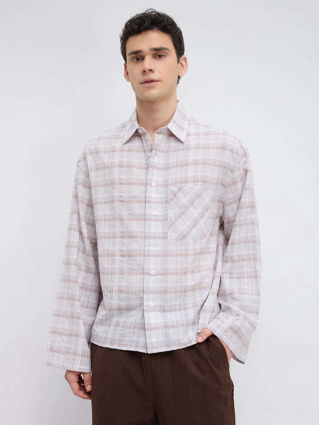 Taupe Brown Fine Checks Weave Oversized Crop Shirt