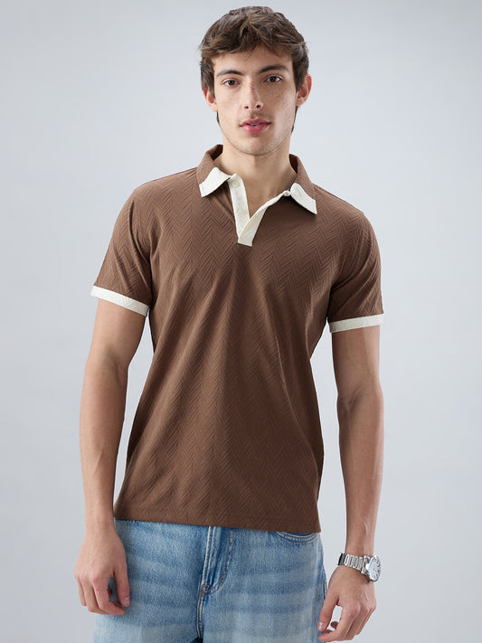 Brown Chevron Contrast Knit Polo Neck T-shirt