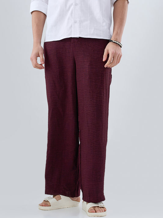 Maroon Slub Textured Wide-Leg Trousers