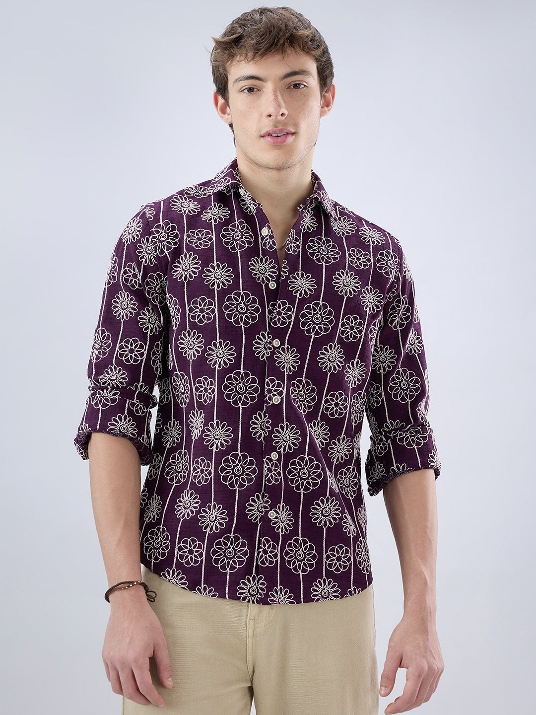 Wine Floral Embroidered Slub Shirt