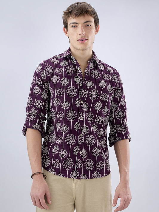 Wine Floral Embroidered Slub Shirt