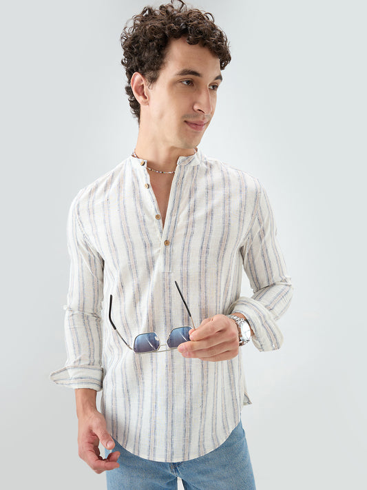 Ivory & Navy Multi-Line Vertical Striped Kurta
