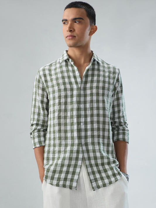 Plush Forest Green & White Gingham Checks Crinkled Shirt