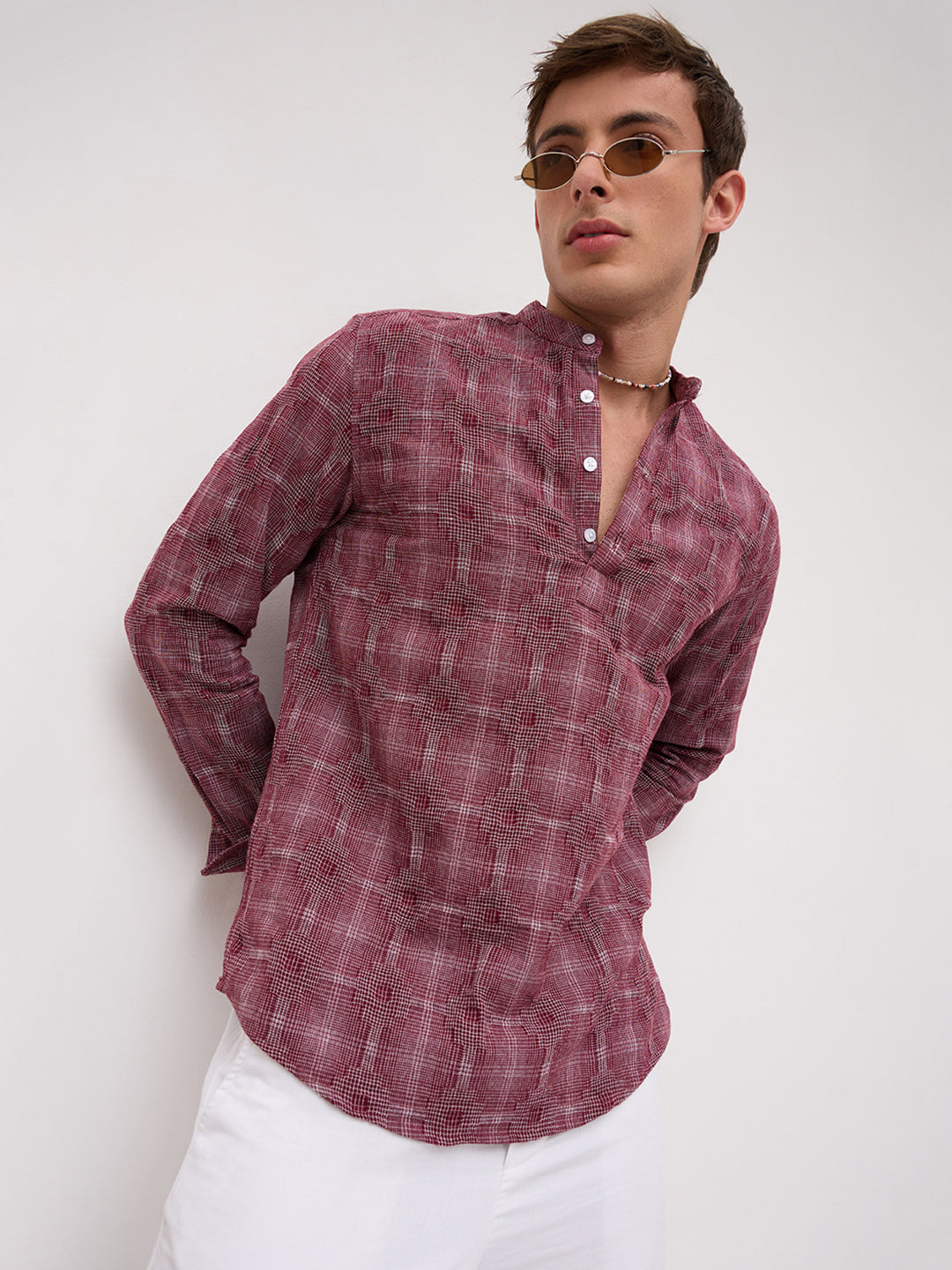 Maroon Glitch Micro Check Textured Matrix Everyday Kurta