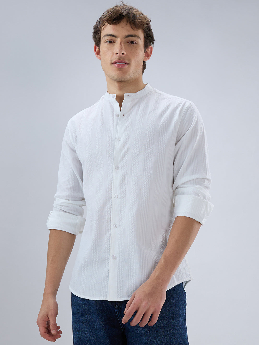 Snow White Seersucker Striped Mandarin Shirt