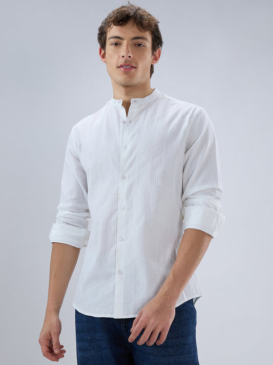 Snow White Seersucker Striped Mandarin Shirt