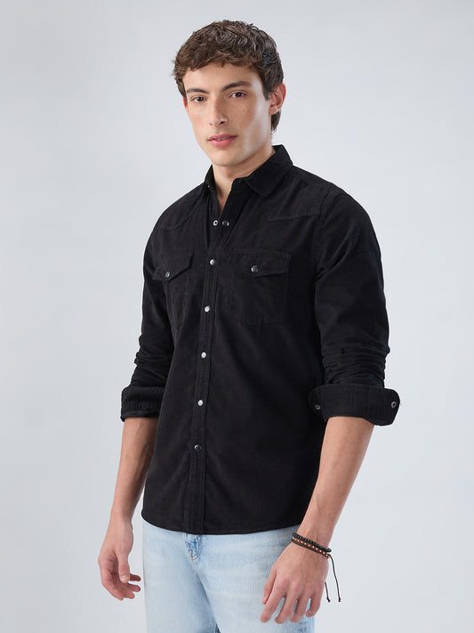 Timeless Black Corduroy Double Flap Pocket Overshirt