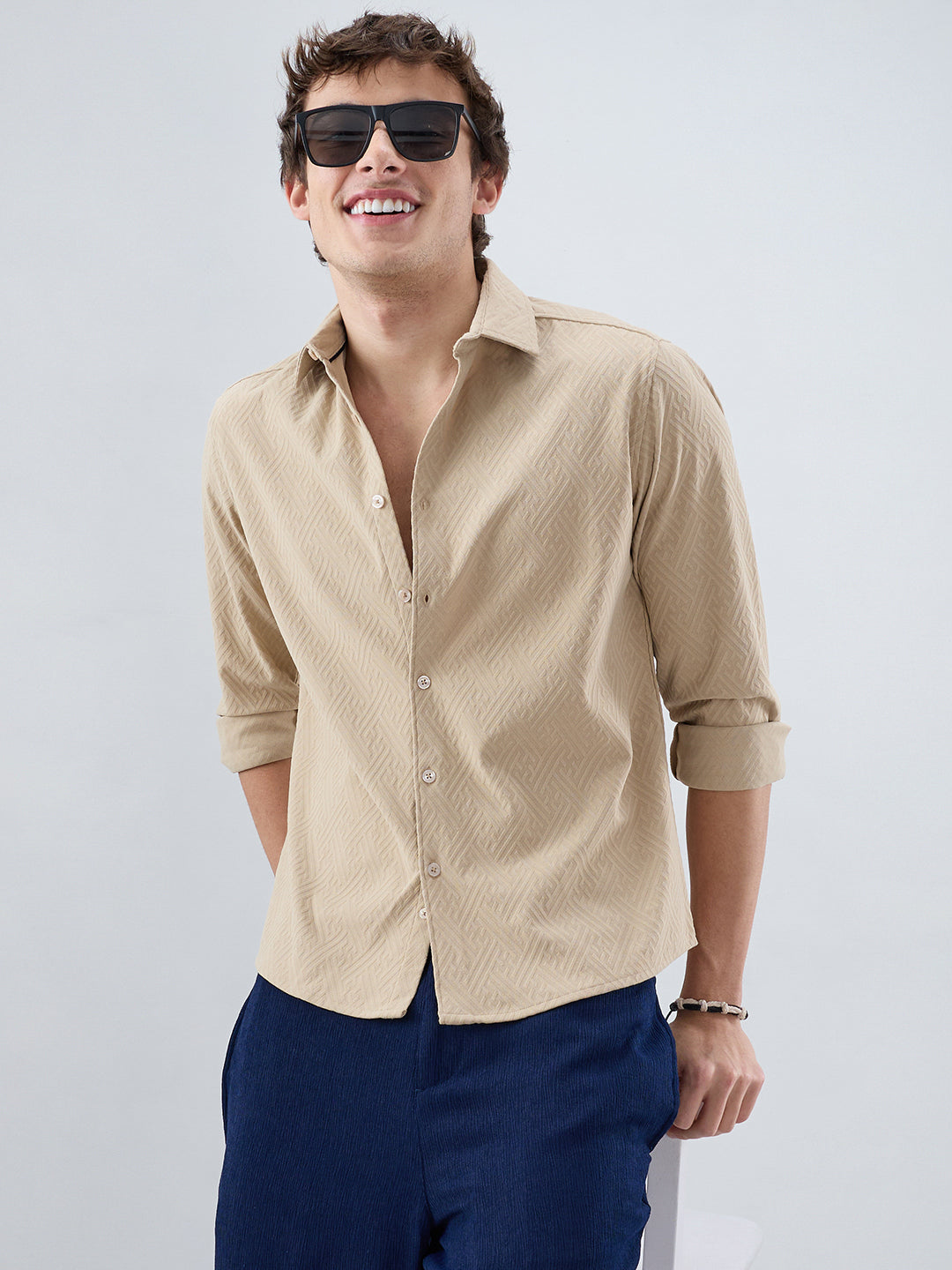 Sand Beige Interlock Maze Weave Knitted Shirt