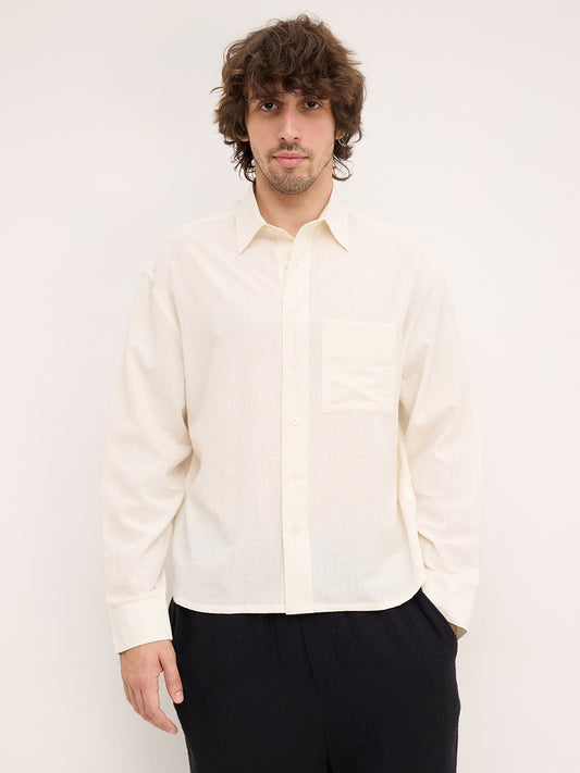 Spanish Cream Fine Striped Textured Boxy Fit Crop Shirt