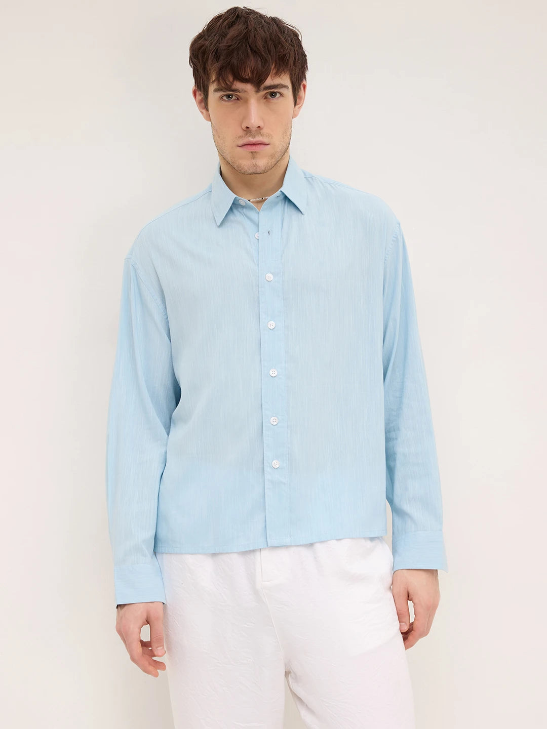 Arctic Blue Fine Textured Boxy Fit Crop Shirt