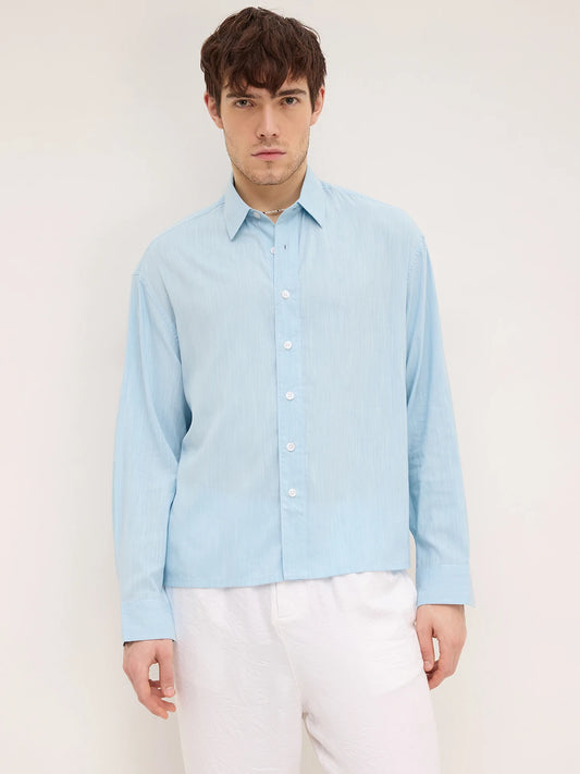 Arctic Blue Fine Textured Boxy Fit Crop Shirt