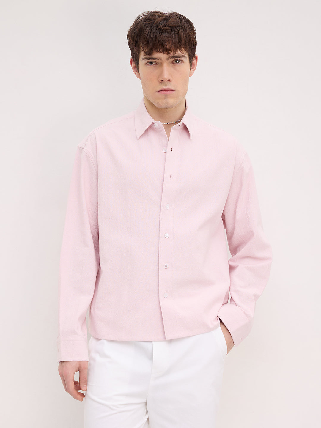 Refined Blush Pink Textured Boxy Fit Crop Shirt