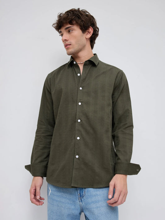 Deep Olive Elevated Grid Detail Textured Shirt