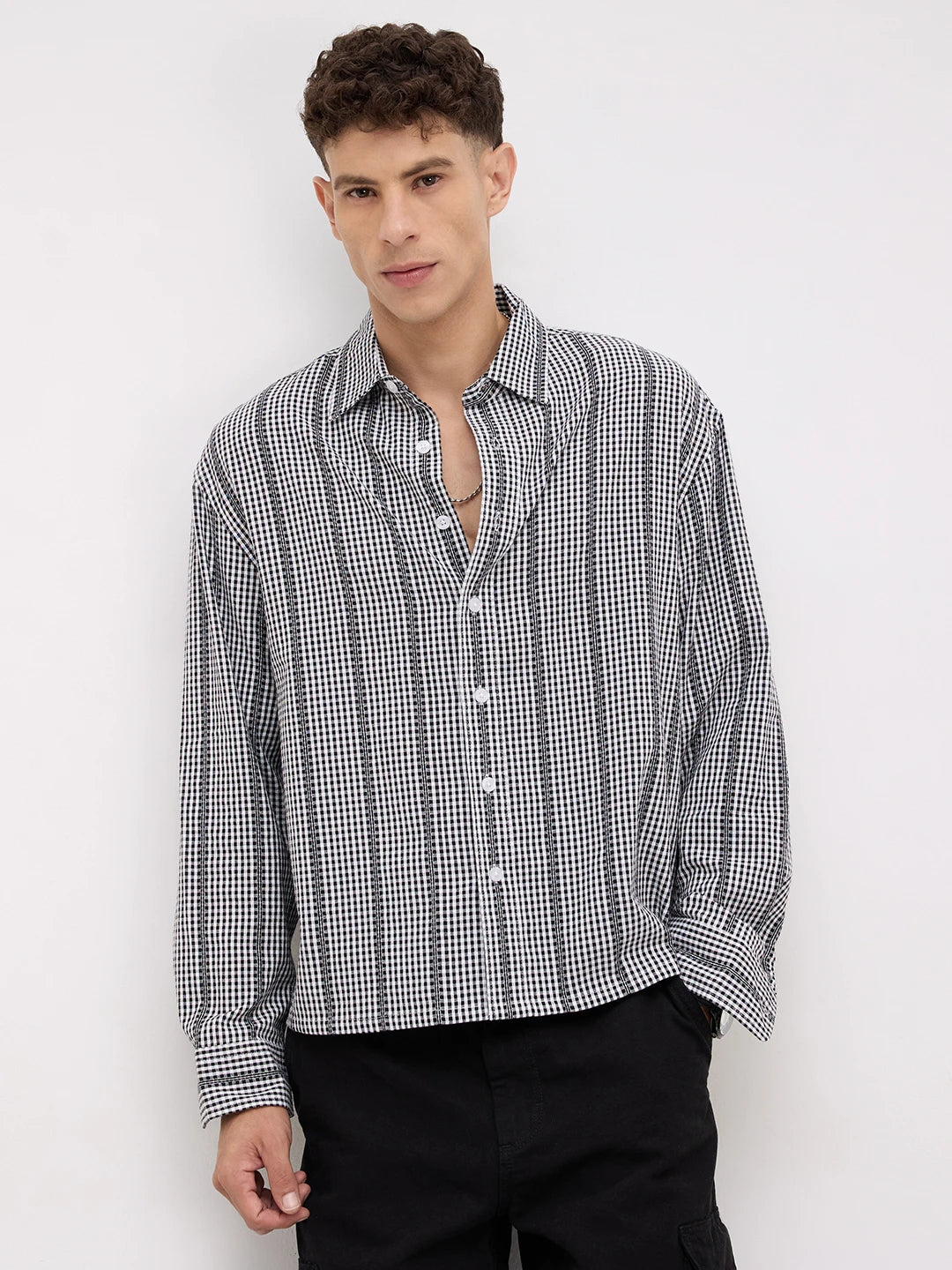Bold Monochrome Vacation Checks Boxy Fit Crop Shirt