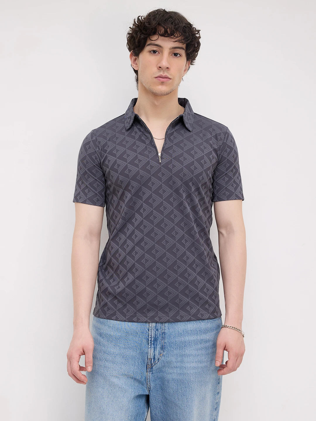 Slate Grey Diamond Embossed Zip Polo Tee