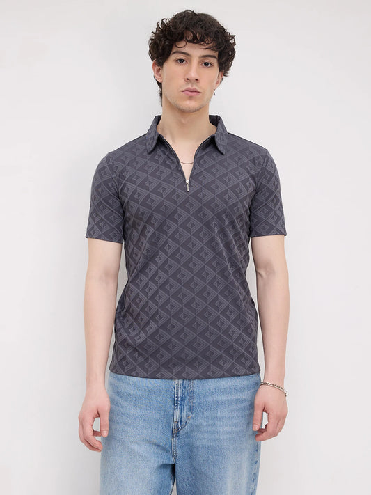 Slate Grey Diamond Embossed Zip Polo Tee