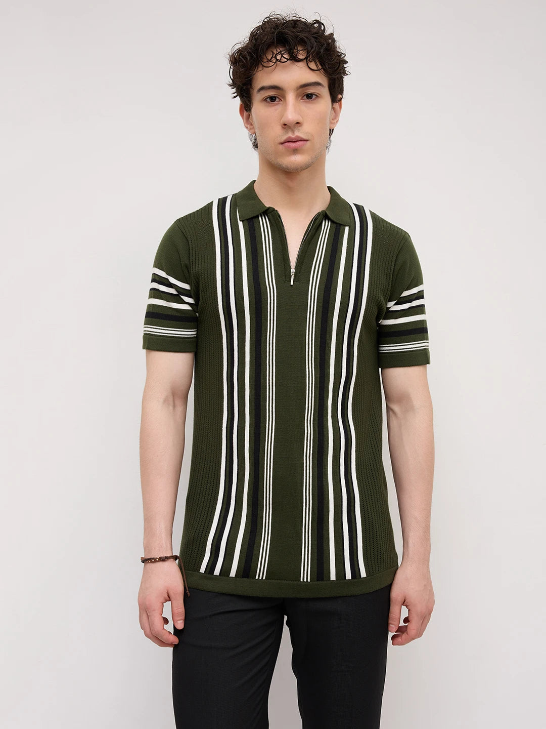 Deep Olive Vertical Striped Flat Knit Zip Polo T-Shirt