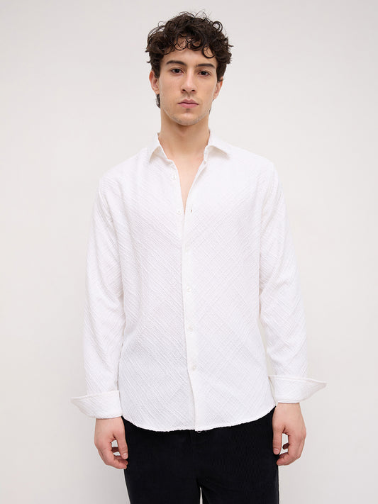 White Diamond Lattice Weave Textured Shirt