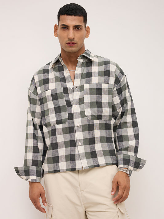 Distinguished Olive Block Checks Twin Pocket Boxy Fit Crop Shirt
