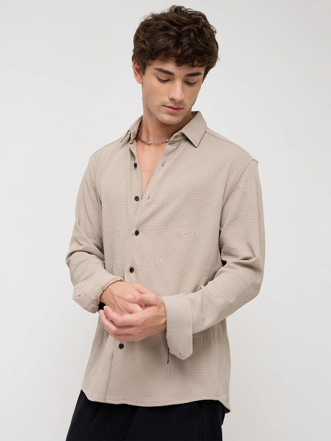Refined Grey Maze Textured Knitted Shirt