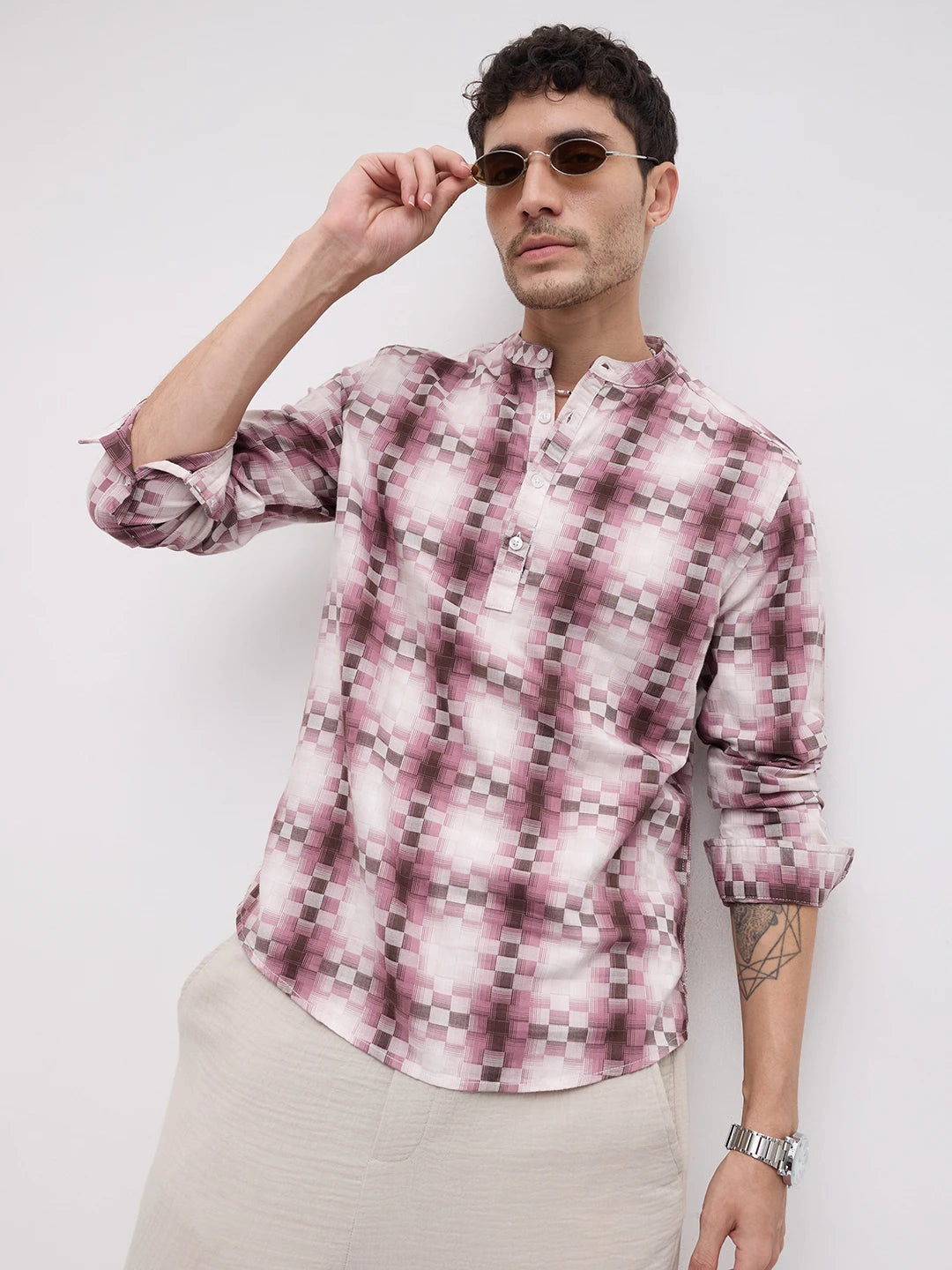 Turkish Rose Pink Pixel Block Checks Kurta