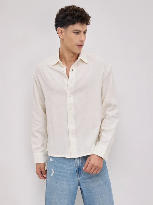 Pearl White Double Cloth Seersucker Striped Boxy Fit Crop Shirt