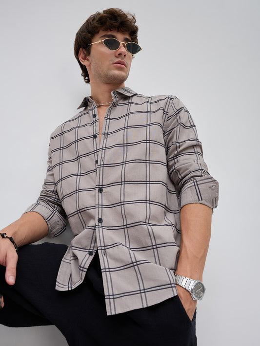 Grey Dimensional Contrast Windowpane Checks Shirt