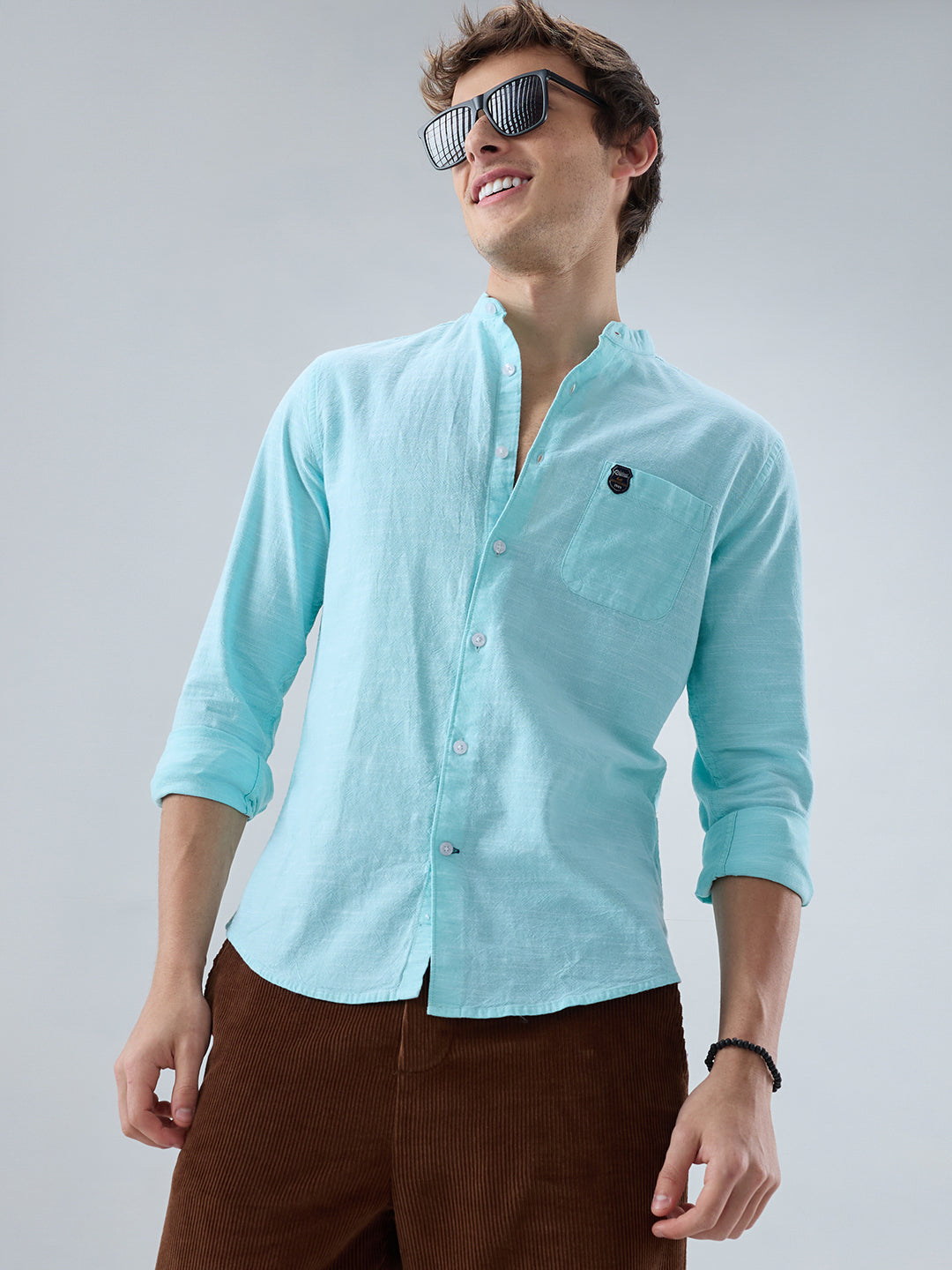 Spring Green Textured Mandarin Collar Shirt