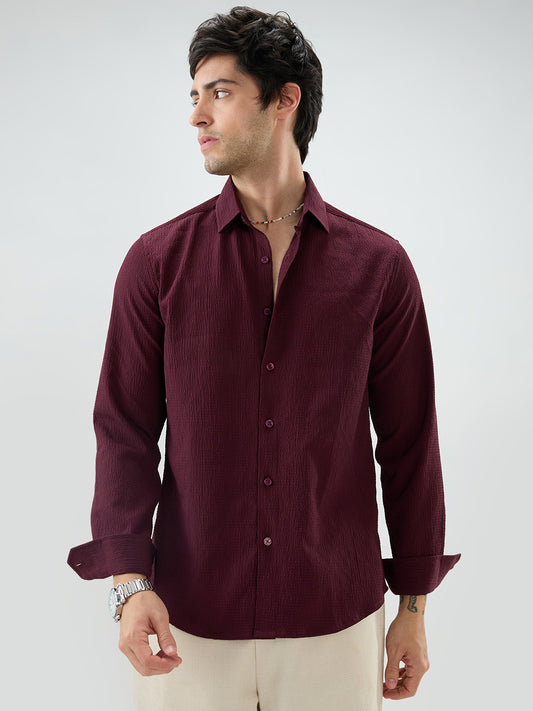 Deep Wine Minimal Weave Crinkled Shirt