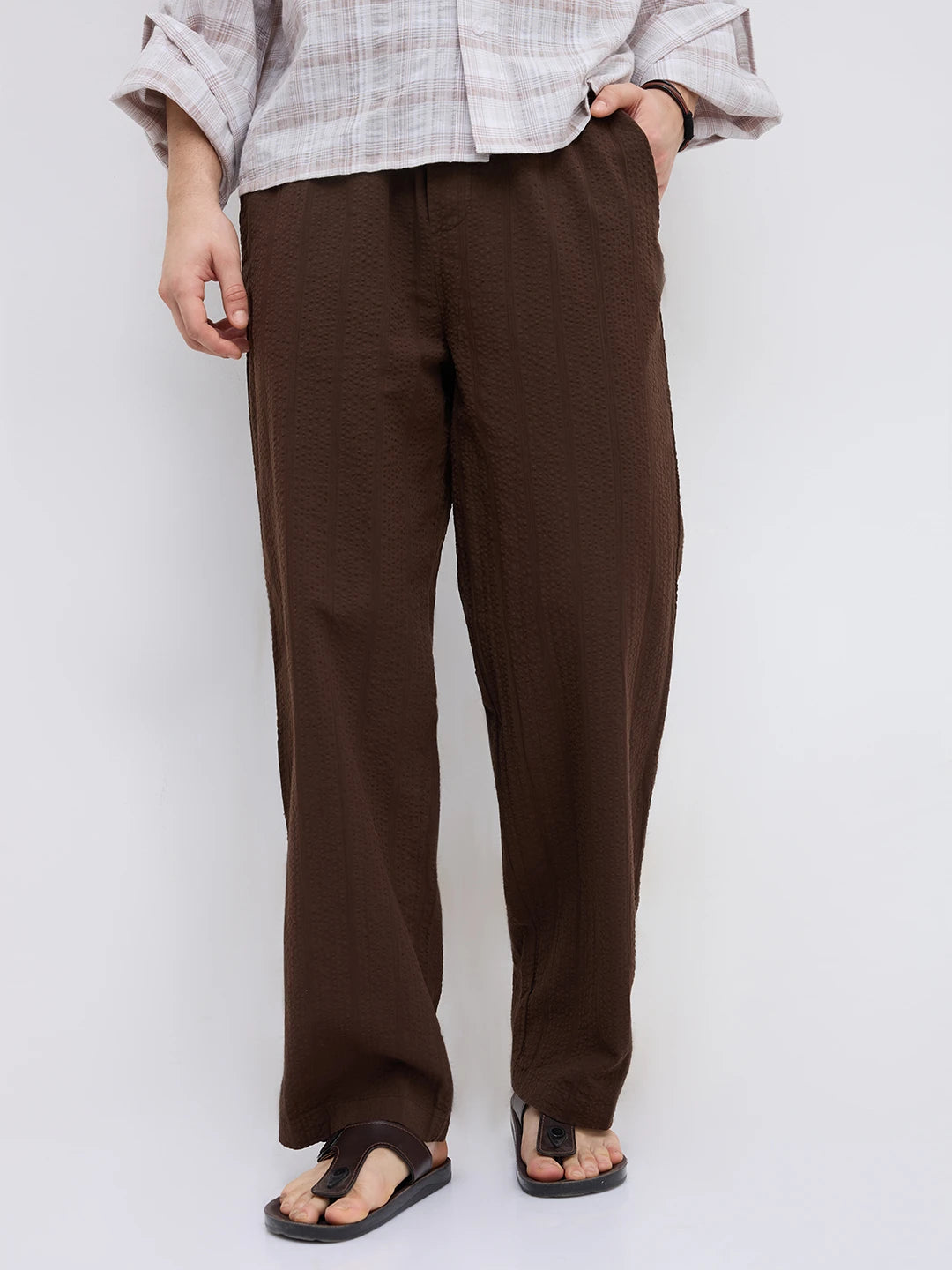 Luxe Brown Seersucker Striped Straight Fit Trousers