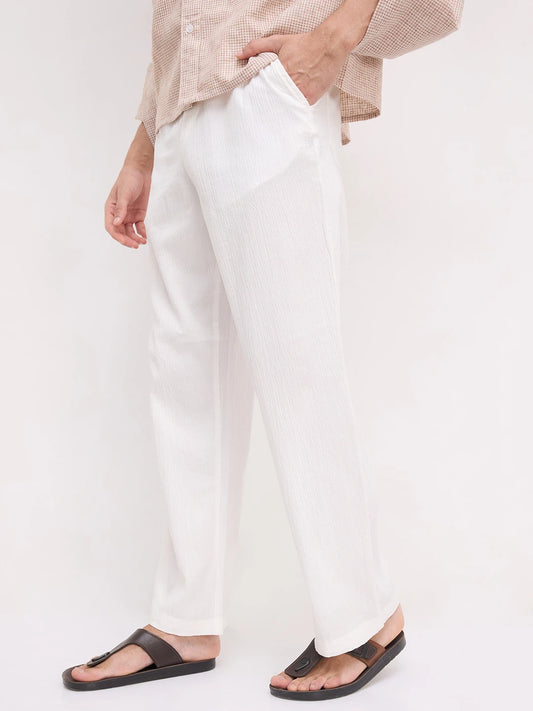 White Breezy Textured Straight Fit Trousers