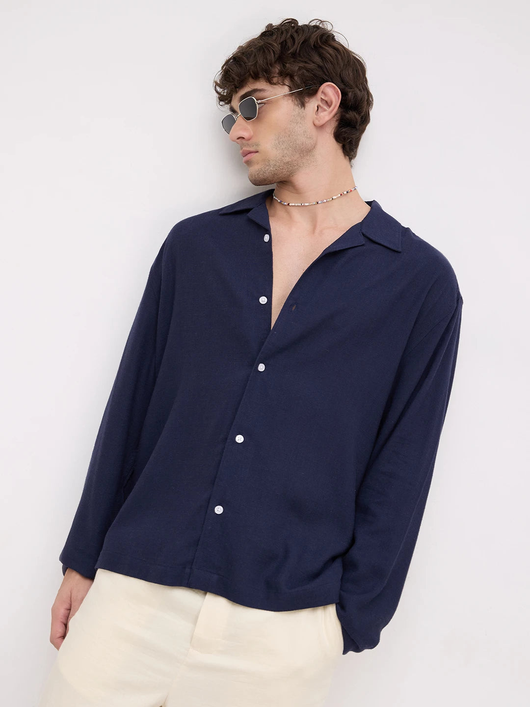 Luxe Navy Fine Textured Linen Blend Notch Collar Oversized Shirt