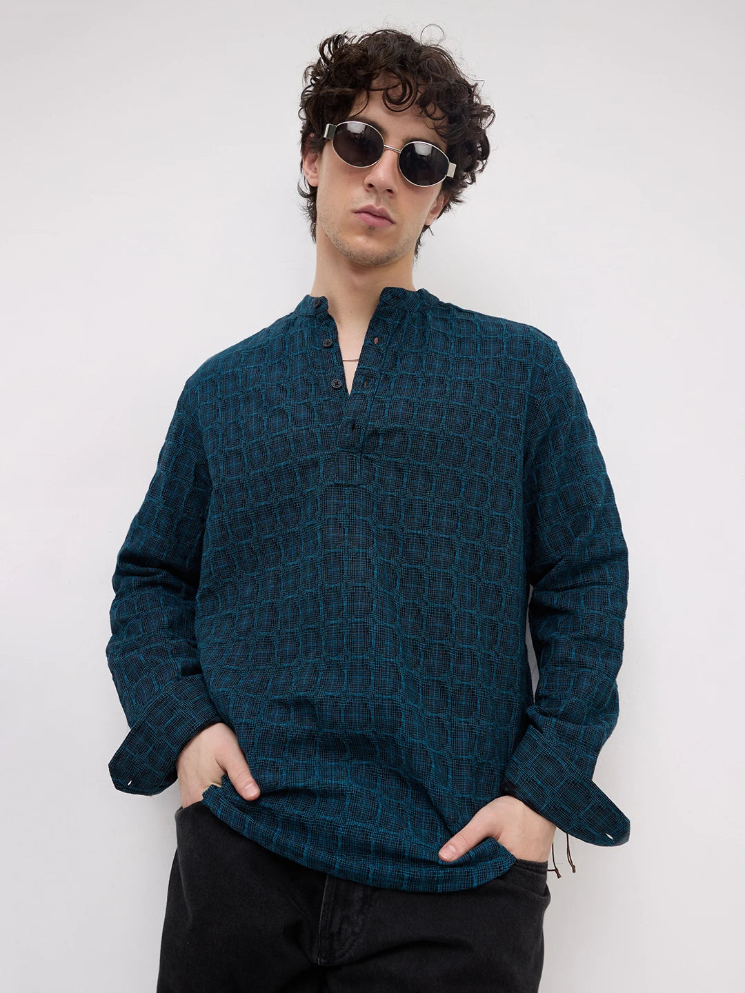 Rich Architectural Weave Teal Checks Kurta