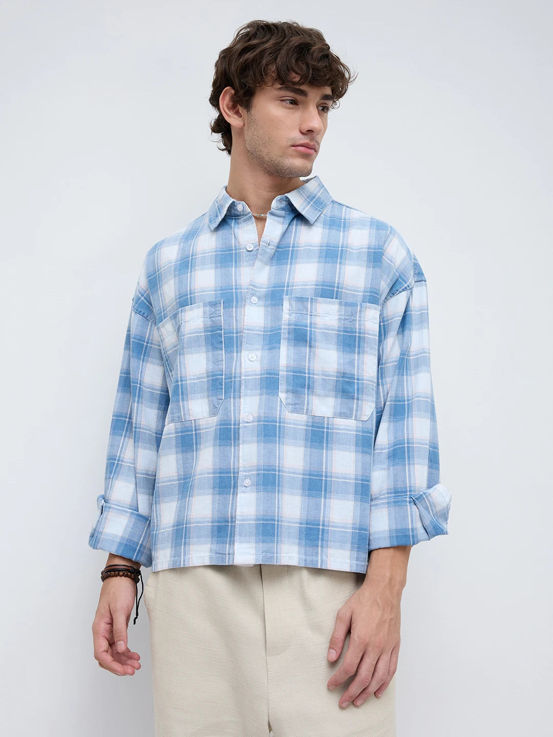 Denim Blue & White Plaid Twin Pocket Oversized Crop Shirt