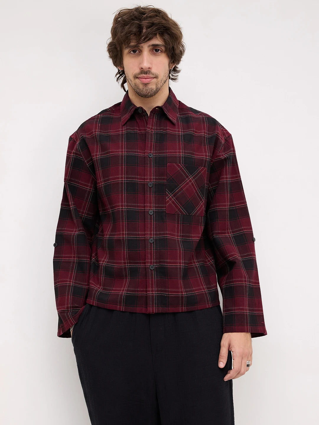 Luxe Blood Red Multi-Line Square Checks Cuffless Oversized Crop Shirt