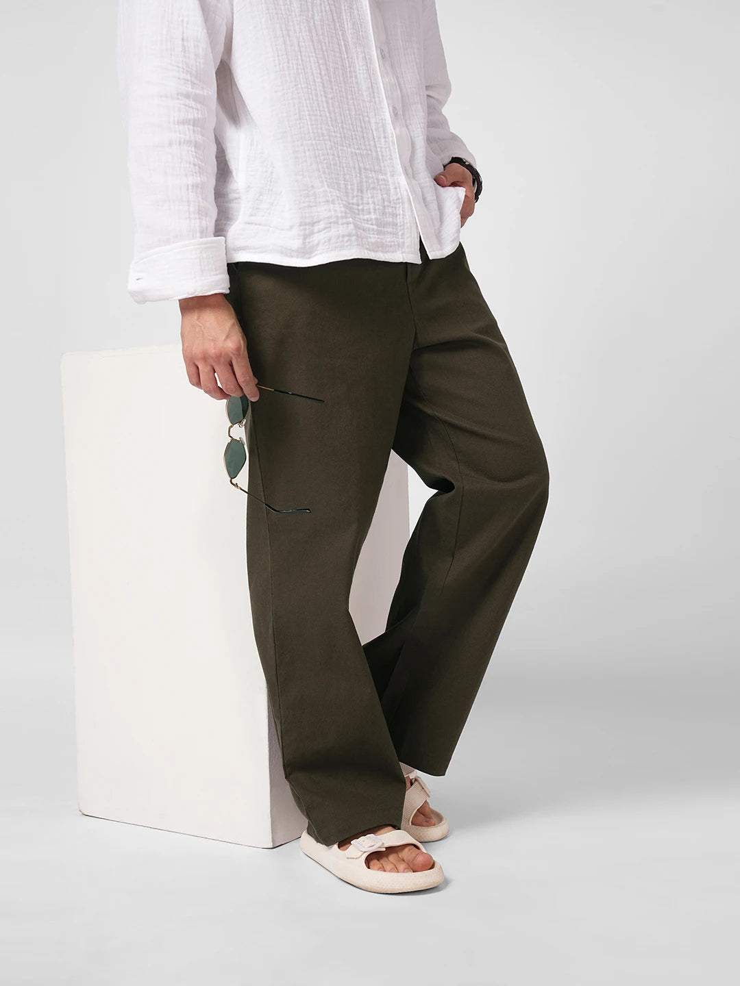 Brunette Brown Slub Weave Straight Fit Trousers