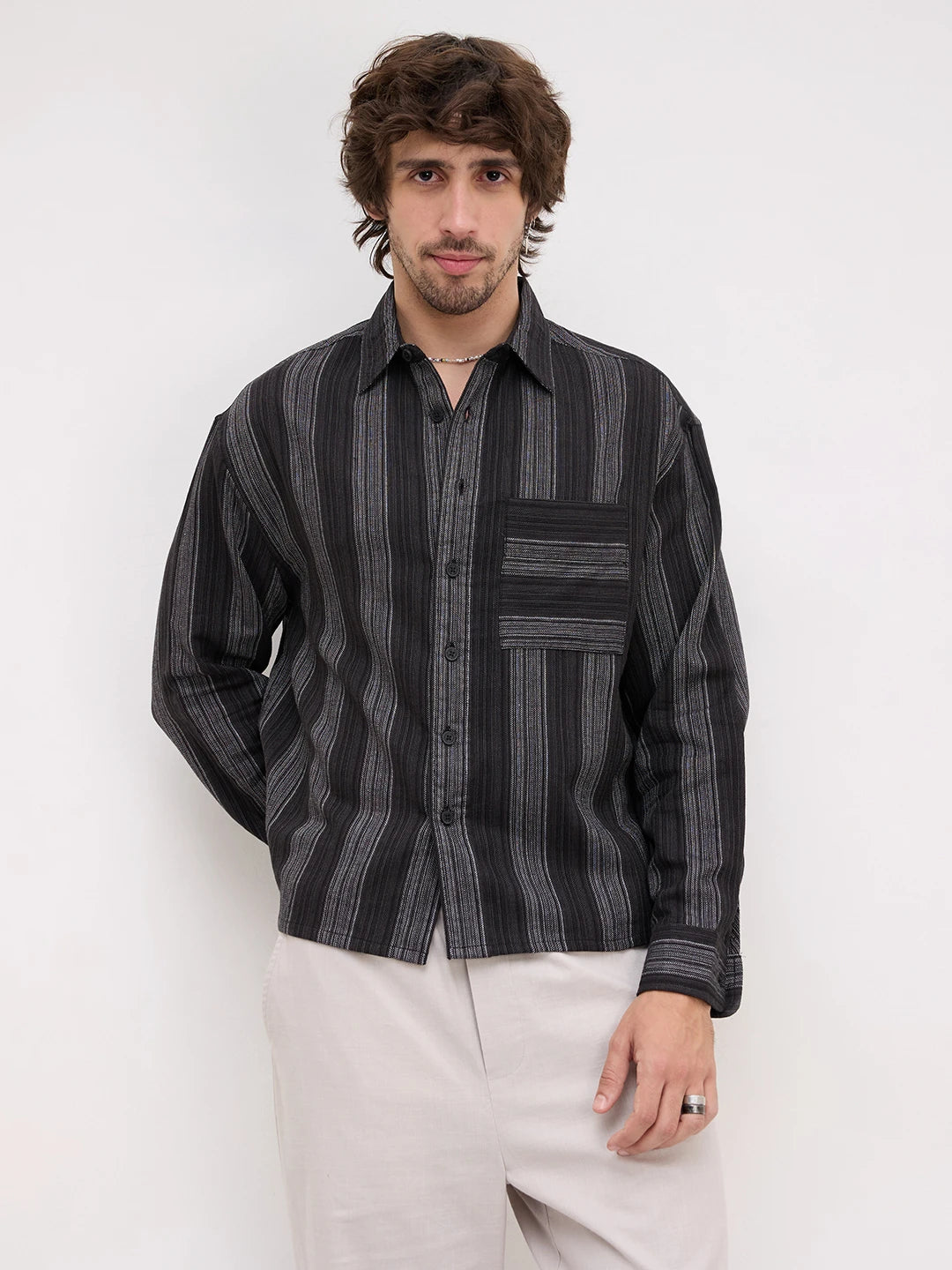 Black Metallic Microline Vertical Loom Boxy Fit Crop Shirt