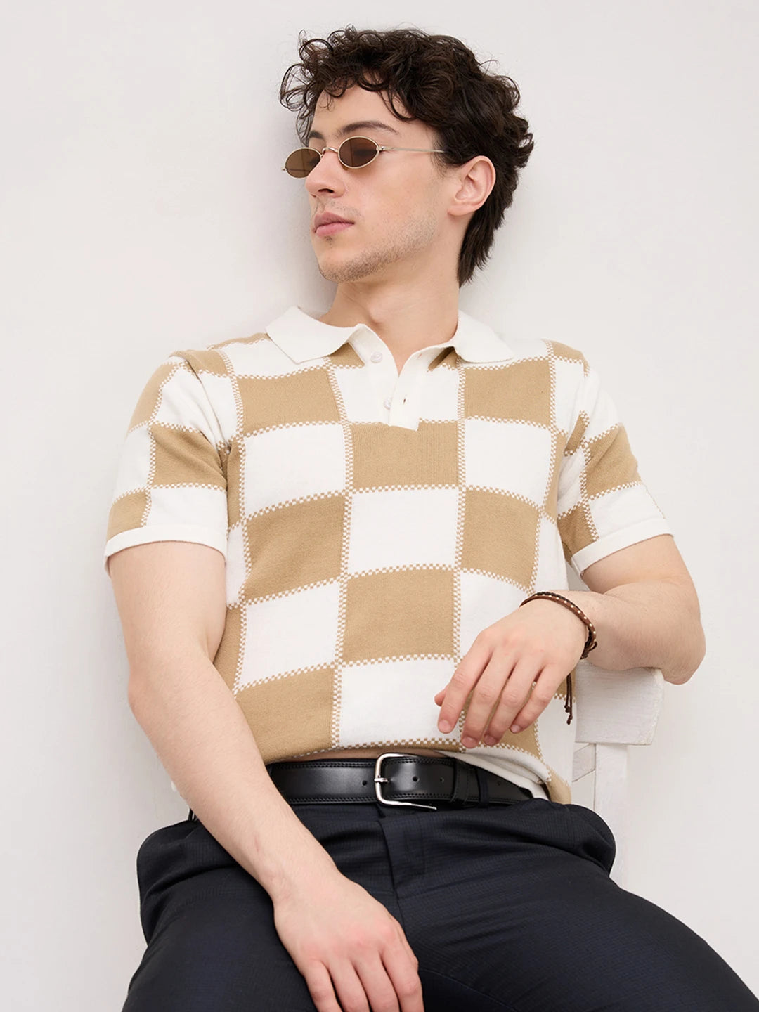 Scalloped Dessert Brown Block Checks Polo T-shirt
