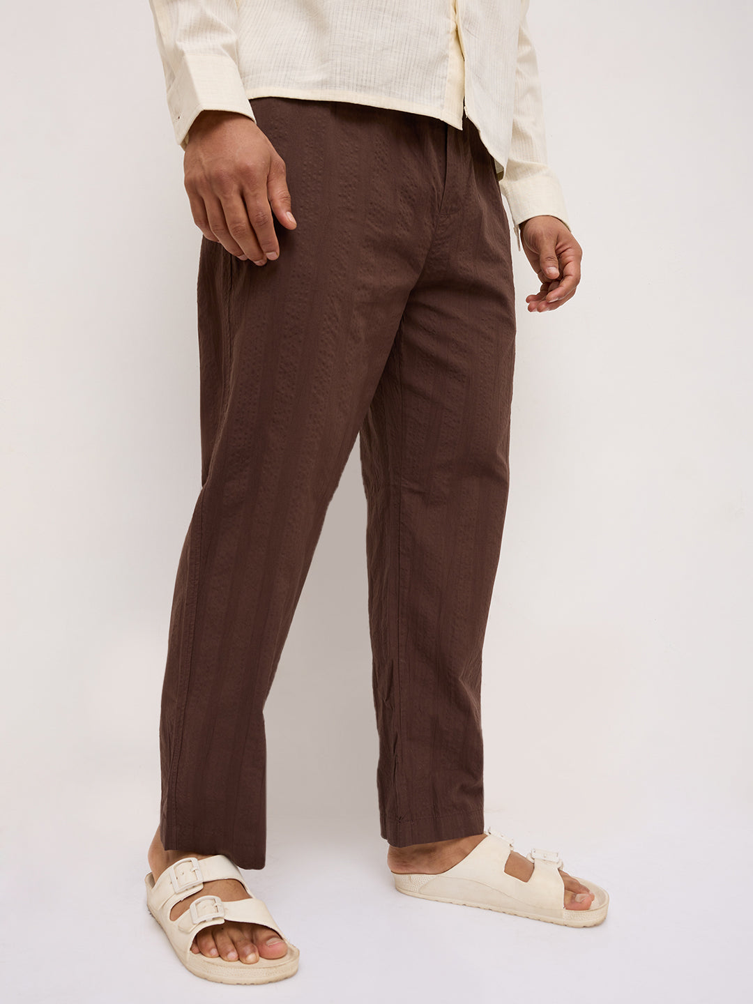 Coffee Brown Seersucker Striped Tapered Trousers