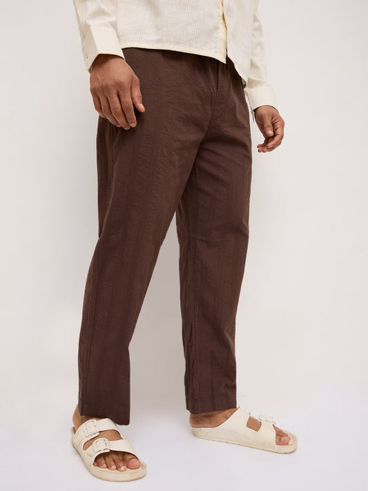 Coffee Brown Seersucker Striped Tapered Trousers