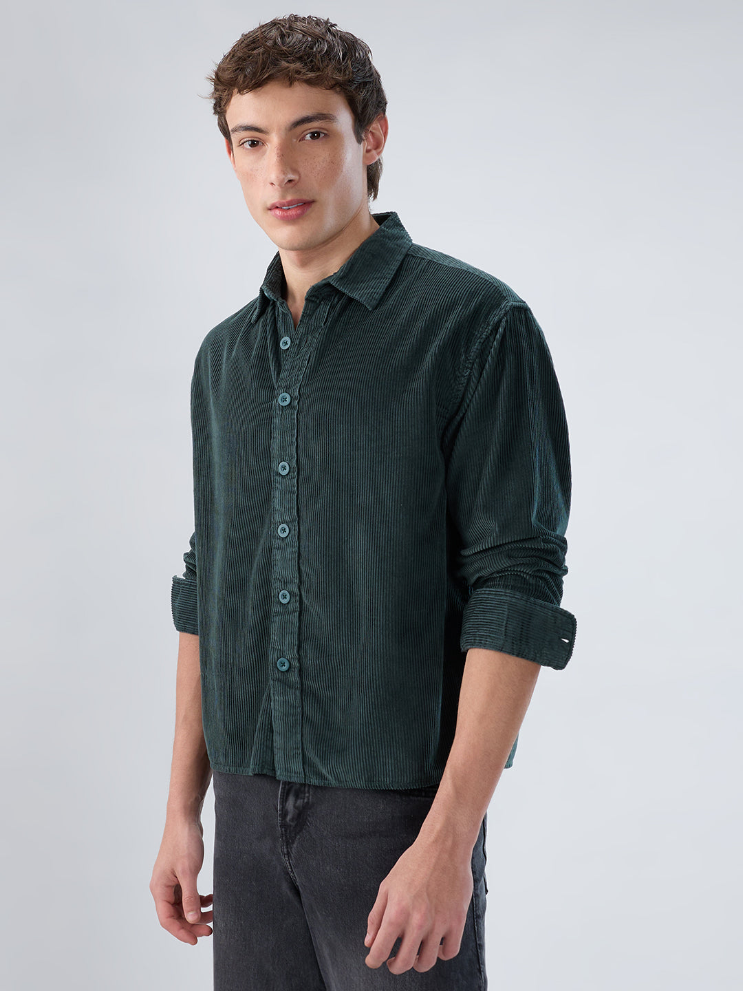 Sacremento Green Corduroy Boxy Fit Crop Shirt