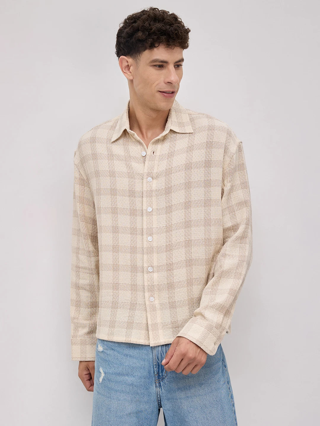 Sand Beige Honeycomb Grid Weave Boxy Fit Crop Shirt