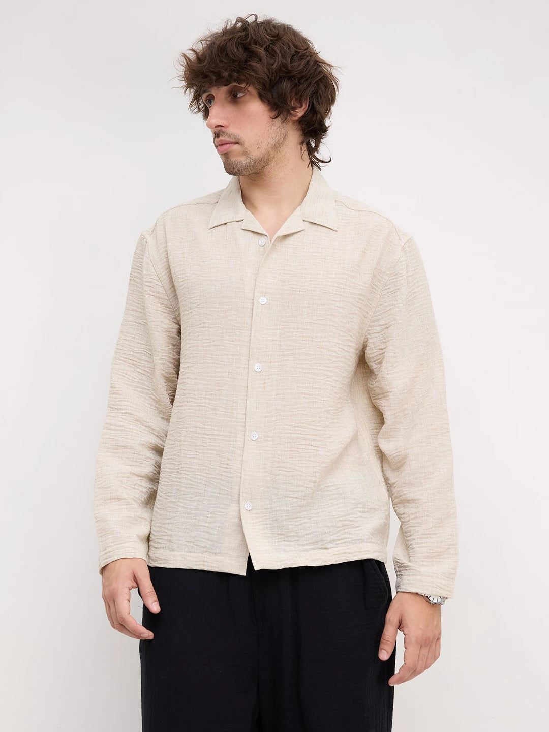 Warm Beige Crinkled  Notch Collar Oversized Shirt