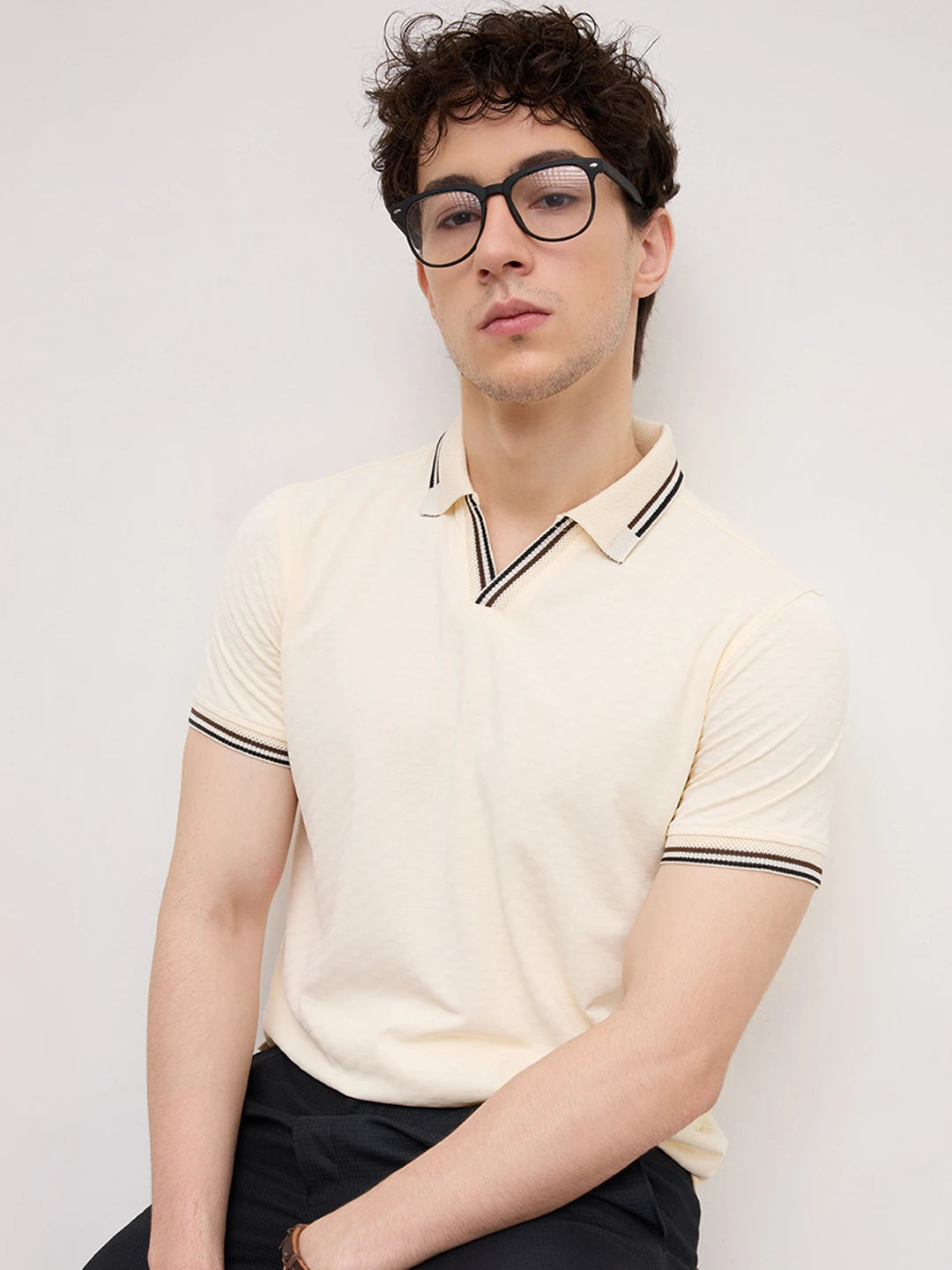 Ivory Contrast Stripe Textured Polo Tee