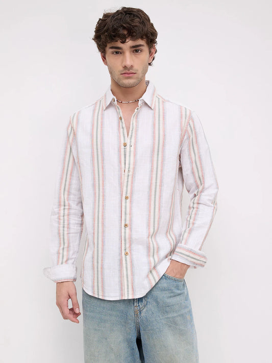 Olive Multi Striped Slub Textured Shirt