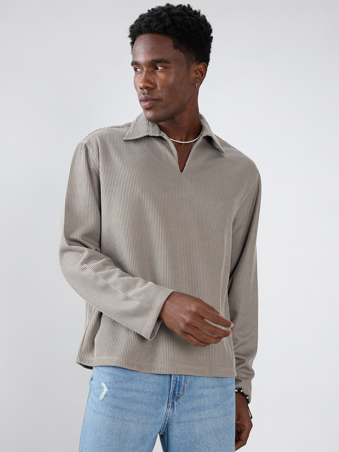 Steel Grey Refined Textured Knitted  Oversized Polo Shirt