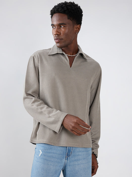 Steel Grey Refined Textured Knitted  Oversized Polo Shirt