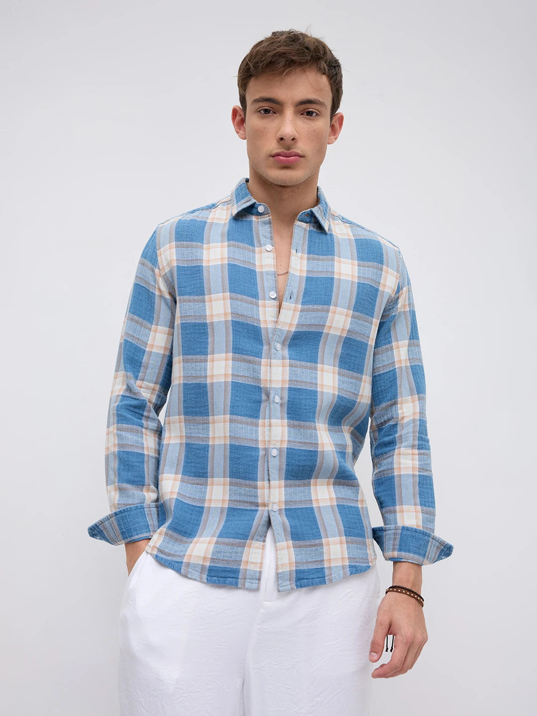Denim Blue & Beige Tartan Checked Shirt