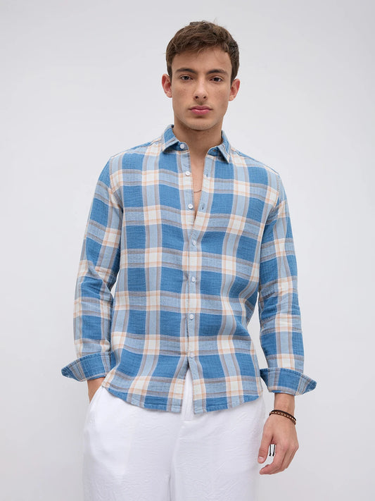 Denim Blue & Beige Tartan Checked Shirt